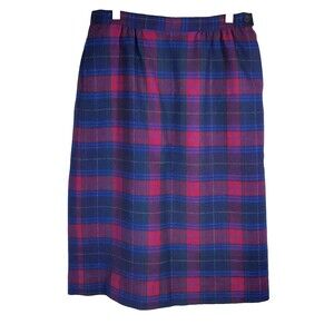 Pendleton Skirt 10 Vintage 80s Plaid Wool Blue Red Tartan Straight Pockets Lined